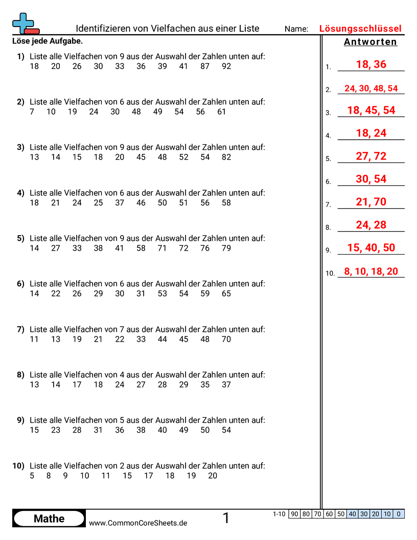 Arbeitsblätter zur Multiplikation - Vielfache aus einer Liste bestimmen worksheet