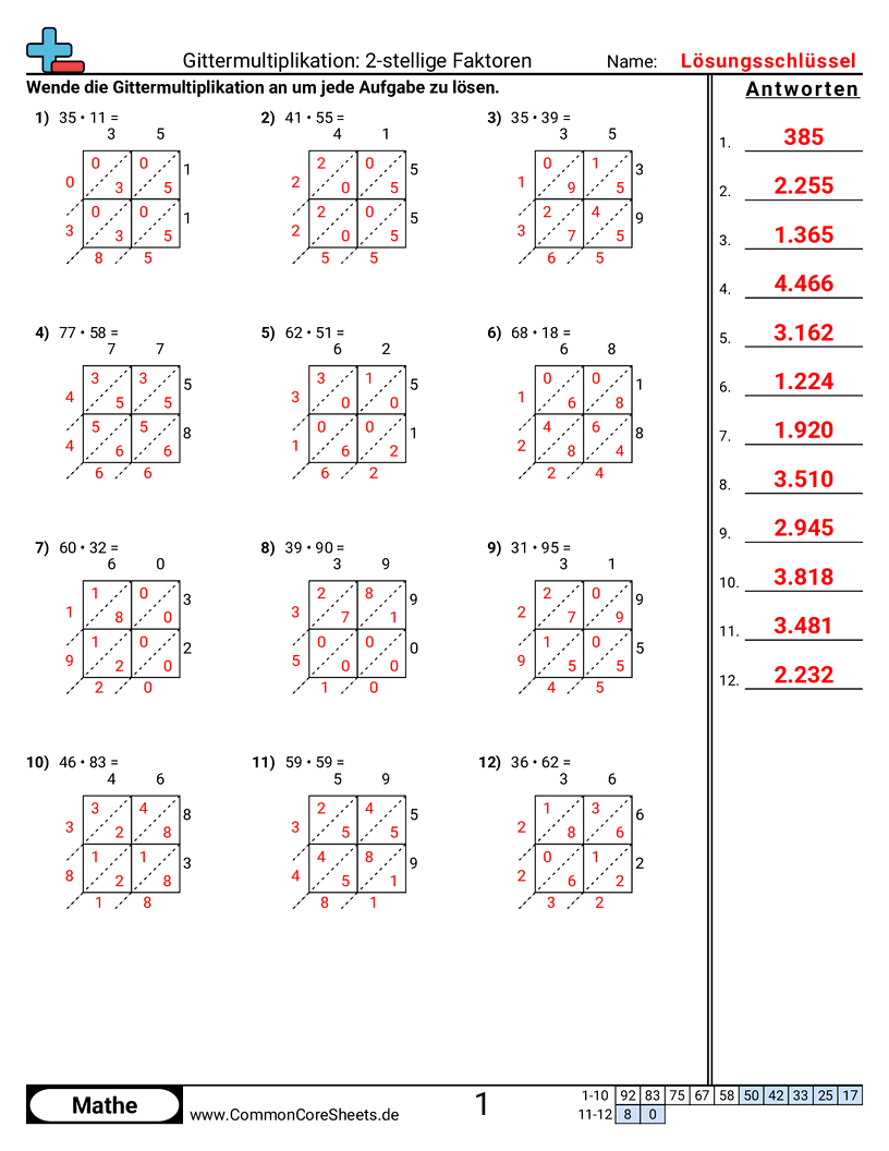 Arbeitsblätter zur Multiplikation - 2-stellen-mal-2-stellen worksheet