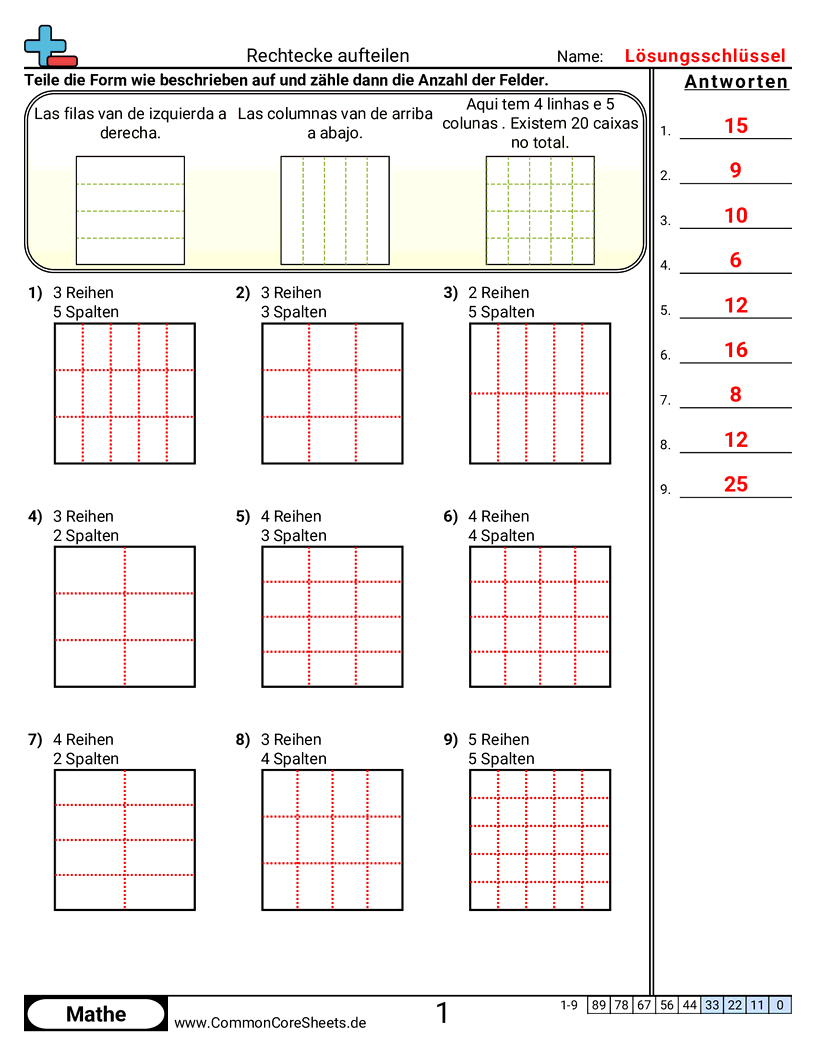 Arbeitsblätter zur Multiplikation - quadrate-aufteilen worksheet