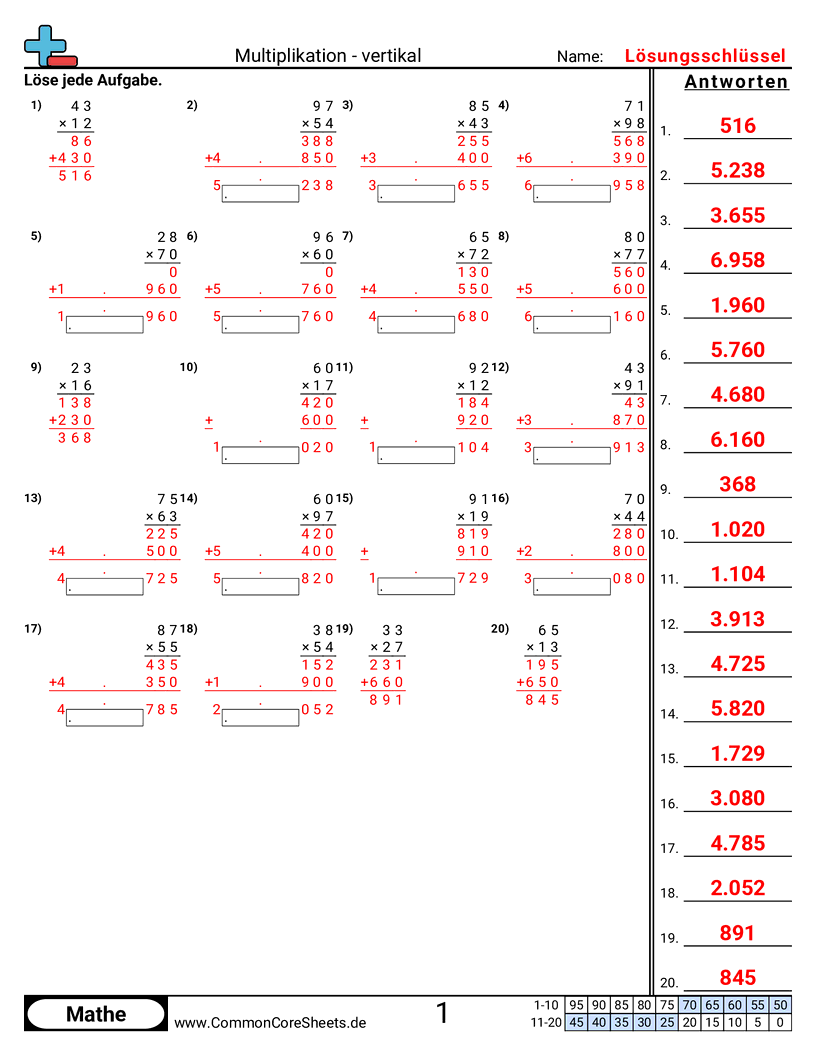 Arbeitsblätter zur Multiplikation - vertikal-2-stellig-x-2-stellig worksheet