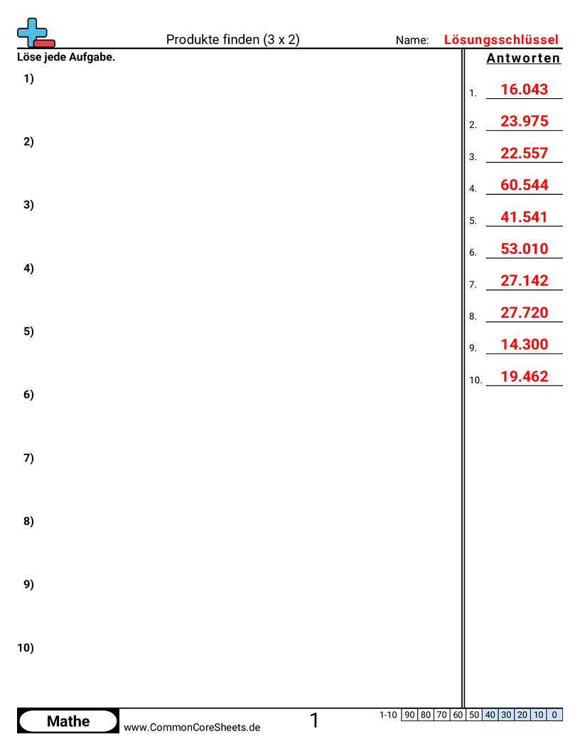 Arbeitsblätter zur Multiplikation - 3-stellen-mal-x-2-stellen worksheet
