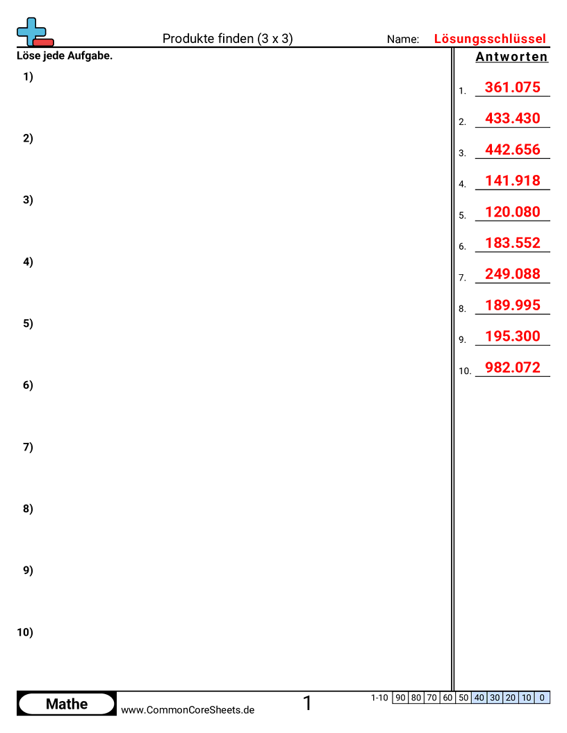Arbeitsblätter zur Multiplikation - 3-stellen-mal-3-stellen worksheet
