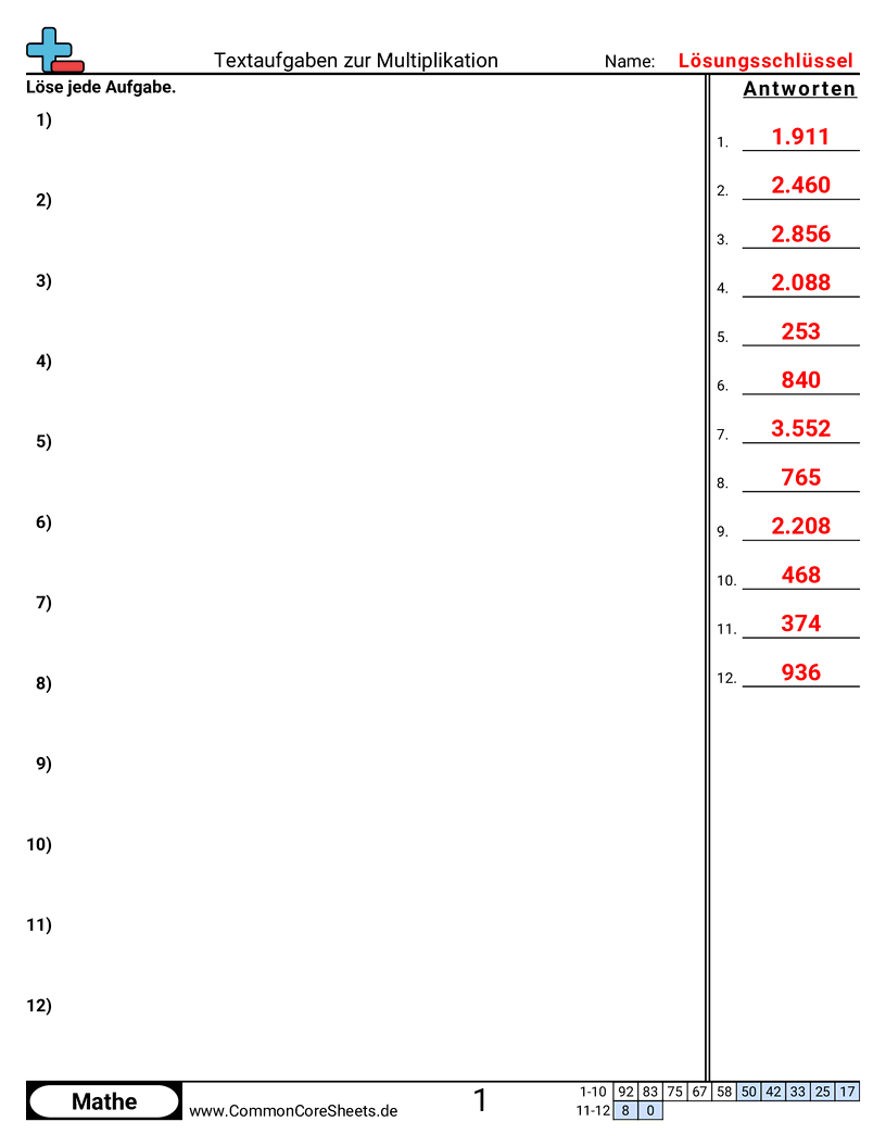 Arbeitsblätter zur Multiplikation - 3-stellen-mal-3-stellen worksheet