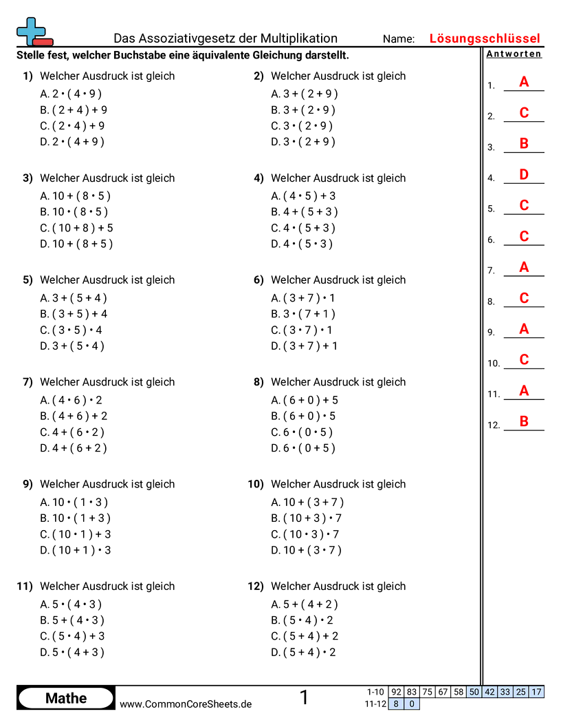 Arbeitsblätter zu Rechengesetzen - ermitteln-des-assoziativgesetzes-der-multiplikation worksheet
