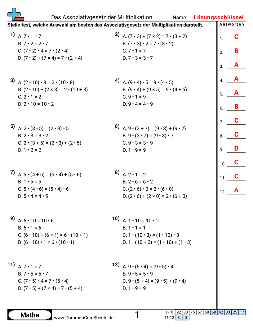 Arbeitsblätter zu Rechengesetzen - assoziativgesetz-multiple-choice worksheet