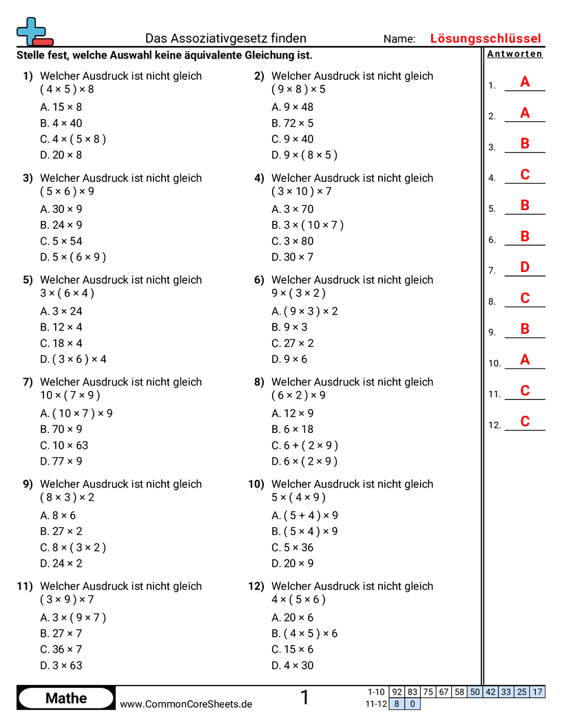 Arbeitsblätter zu Rechengesetzen - ermitteln-des-aquivalenten-assoziativgesetzes worksheet