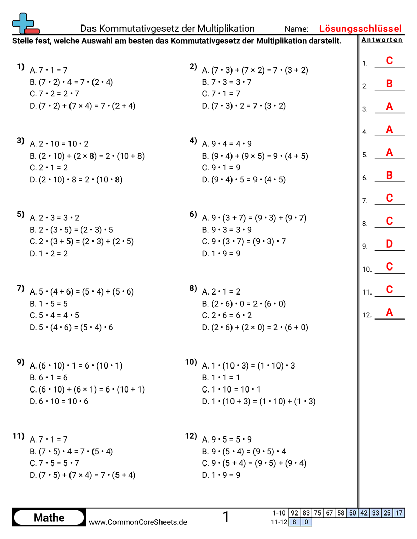 Arbeitsblätter zu Rechengesetzen - kommutativgesetz-multiple-choice worksheet