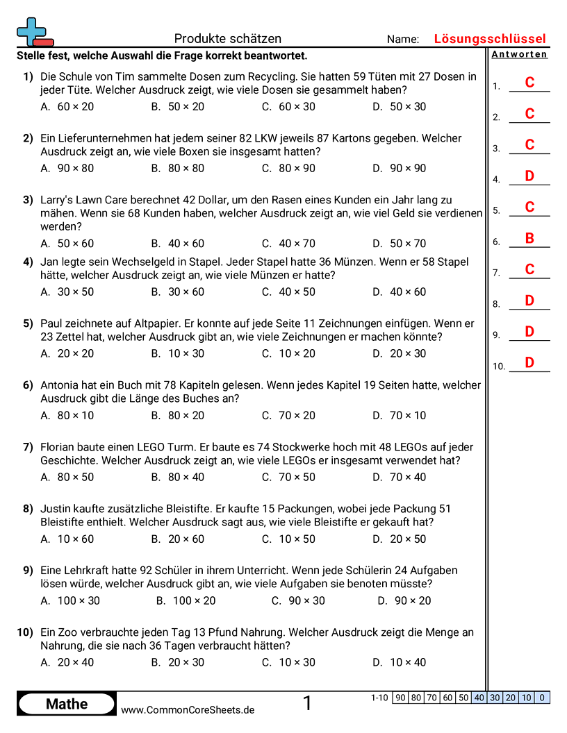 Arbeitsblätter zum Runden - produkte-schatzen-multiplikation worksheet