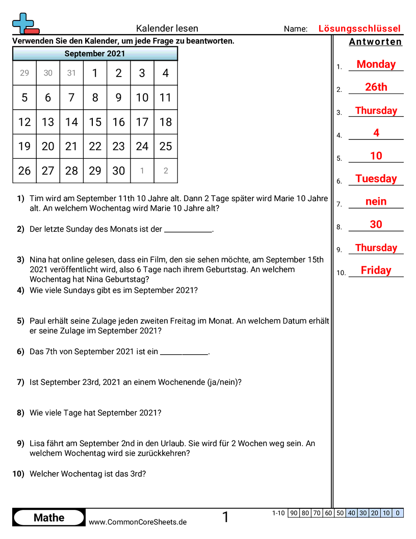 Arbeitsblätter zur Zeit - einen-kalender-lesen worksheet