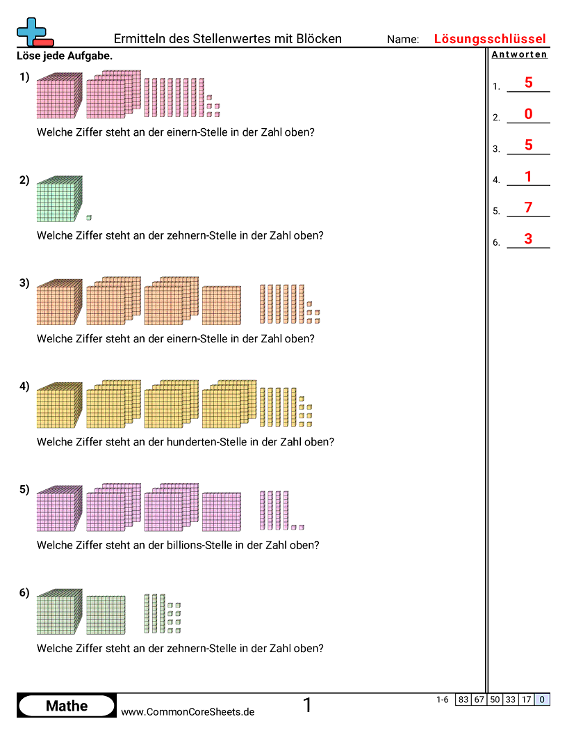 Arbeitsblätter zu Wert & Stellenwert - ermitteln-des-stellenwertes-mit-blocken worksheet