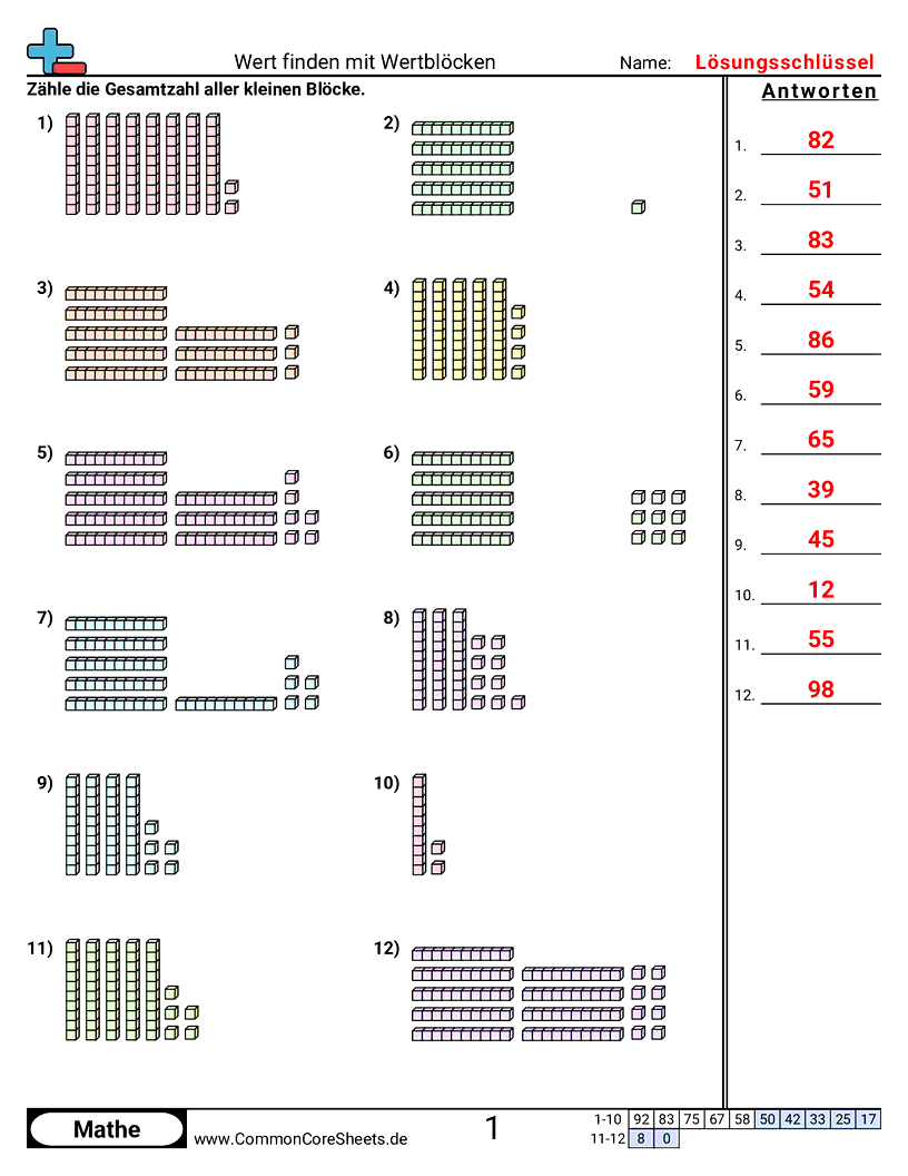 Arbeitsblätter zu Wert & Stellenwert - wertblocke-zehner-und-einer worksheet
